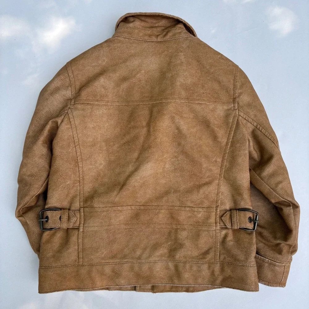 babyGap Toddler Boys Tan Faux Leather Moto Jacket Plaid Lined Brown Size 5T
